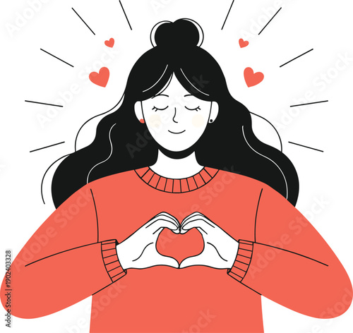 Self love illustration with woman holding heart symbol mental health wellness care concept minimal flat vector design