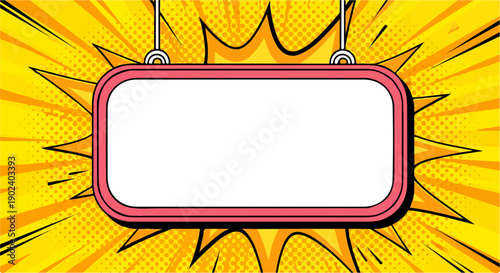 Blank comic sign on vibrant pop art background with halftone dots and burst.