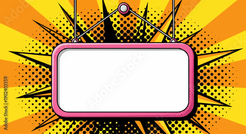 Blank pink pop art sign on a vibrant comic book style background with halfton...