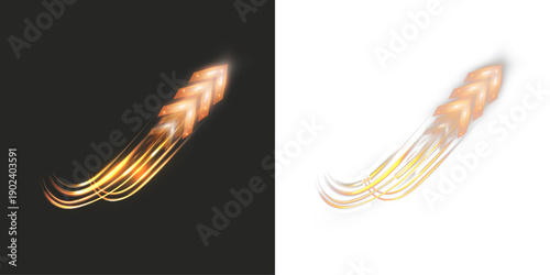 Curved golden arrow light trails rising upward with smooth motion blur and glowing energy lines, symbolizing growth, progress, speed, and dynamic forward movement on dark backgrounds.