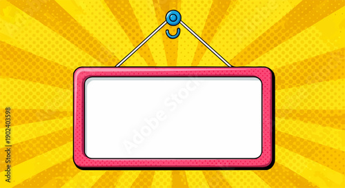 Retro comic style blank pink sign with yellow sunburst background.