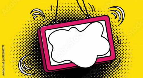 Comic pop art hanging sign with blank speech bubble on yellow halftone backgr...