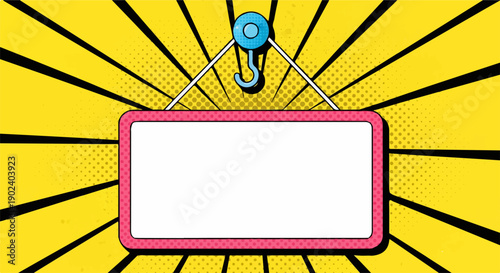 Blank pop art sign on vibrant comic background with sunburst and halftone dots.