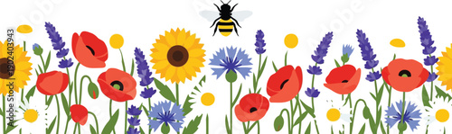 Wildflower meadow with bee vector clipart, colorful summer flowers illustration border