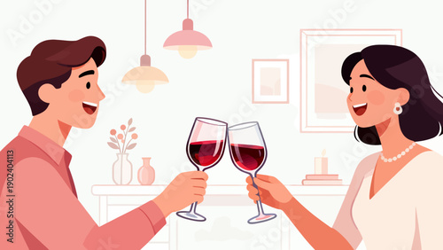 A man and woman are holding wine glasses and smiling at each other. Scene is happy and celebratory