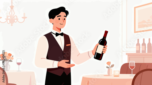 A man in a suit is holding a wine bottle and smiling. He is standing in front of a table with a wine glass and a wine bottle on it. The scene is set in a restaurant, and the man is a waiter