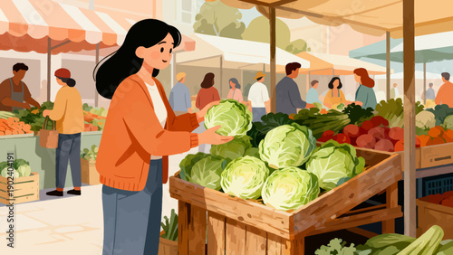 A woman is shopping for vegetables at a market. She is holding a head of cabbage. There are several other people in the market, some of whom are also shopping. The market is bustling with activity