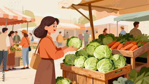 A woman is shopping for vegetables at a market. She is holding a head of cabbage and a bunch of carrots. There are several other people in the market, some of whom are also shopping
