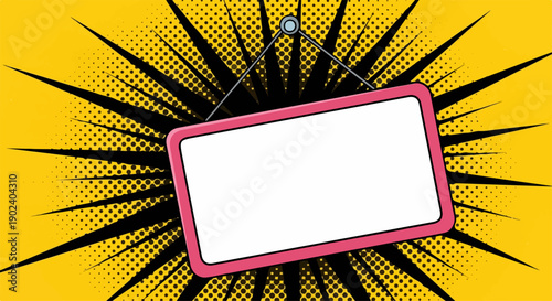 Vibrant pop art background with a blank pink hanging sign for your message.
