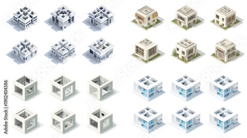 Isometric residential house blocks with clean geometric architecture. Modular home units ideal for urban planning real estate concepts housing visualization and infographic design.