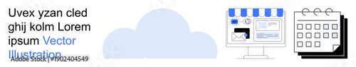Cloud technology, e-commerce, data management, virtual communication, digital tools, organization. Cloud in the center with a calendar and a digital storefront. Cloud technology and e-commerce