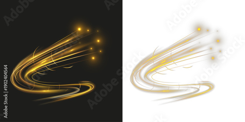 Golden glowing light trails with smooth curves and bright particle tips on dark and transparent backgrounds, creating a dynamic motion effect inspired by energy, speed, and magic.
