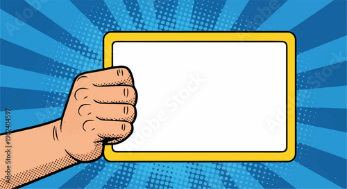 Pop art hand holding blank sign on a vibrant comic book style blue background.