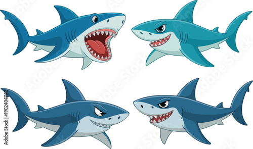 Cartoon Shark Character Icons Happy and Angry Ocean Predator Set
