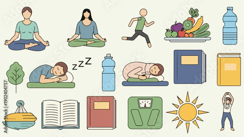 A collection of illustrations depicting healthy lifestyle choices, habits and activities