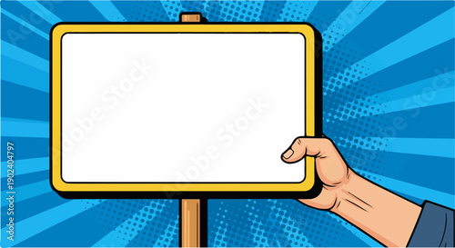 Pop art hand holding a blank sign with comic book style blue background.