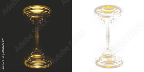 Golden futuristic spotlight beam with concentric glowing rings and vertical energy column, creating a sci-fi portal or holographic light effect on dark and black backgrounds...