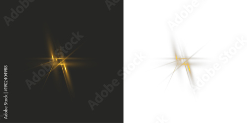 Golden glowing starburst light effect with sharp radiant rays and soft blur on dark and transparent backgrounds, ideal for magical, abstract, or cinematic highlight designs.