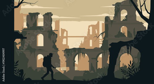 Silhouette of a lone figure walking through a post-apocalyptic ruined cityscape at dusk.