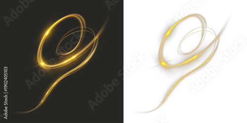 Golden glowing spotlight swirl with elegant light trails forming a luminous spiral and flowing curve, creating a dramatic abstract light effect on dark and black backgrounds...