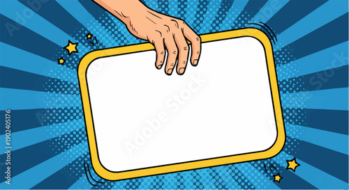 Pop art style hand holding an empty sign on a blue comic background with stars.