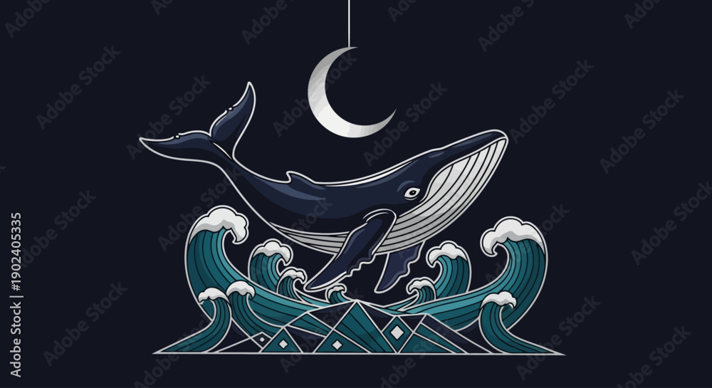 Fototapeta premium Whale Leaping from Ocean Waves Under a Crescent Moon Illustration