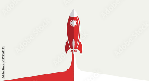 Red rocket launching into space with red and white smoke trail.