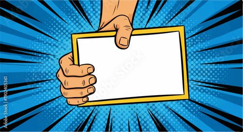 Pop art hand holding blank white sign on vibrant blue comic book background.