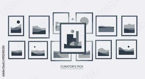 Modern art gallery wall featuring framed abstract and landscape paintings in a minimalist setting.