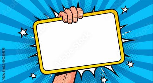 Retro pop art hand holding blank banner on vibrant blue comic background.