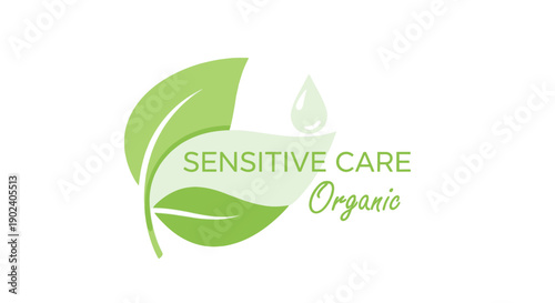 Organic sensitive care logo with green leaves and water droplet design.