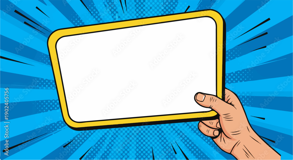 Obraz premium Pop art hand holding blank comic speech bubble on vibrant blue background.
