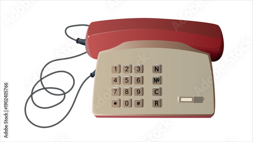 An old landline telephone with buttons and a handset on a cord. Vector.