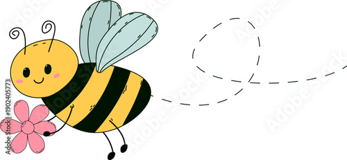 Cute flying honey bee with pink flower and dotted flight path. Cartoon bumblebee character isolated on white background. Flying bee carrying pink flower with dotted flight path. Dynamic spring element