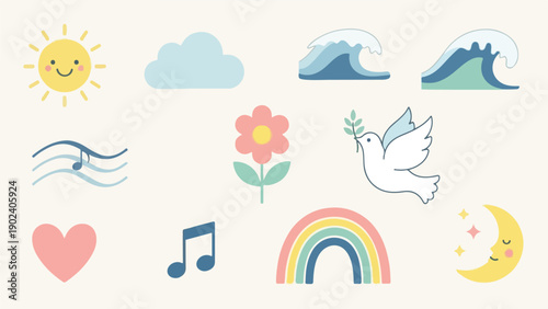 A collection of whimsical weather, music, and nature icons in pastel colors