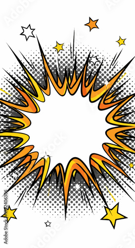 Dynamic comic pop art explosion frame with stars and halftone pattern.