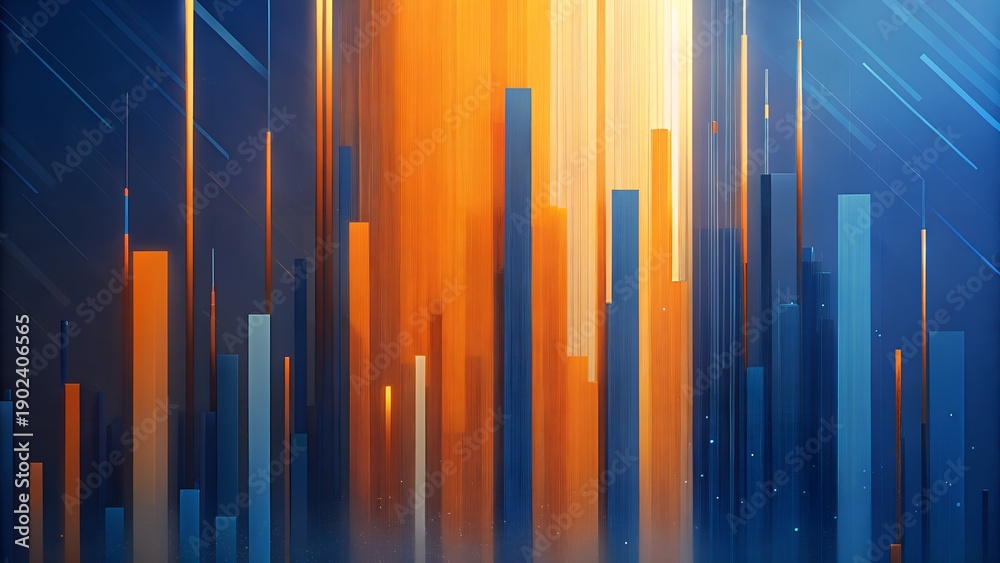 Obraz premium Abstract Digital Cityscape With Glowing Orange Light Streaks And Blue Geometric Bars