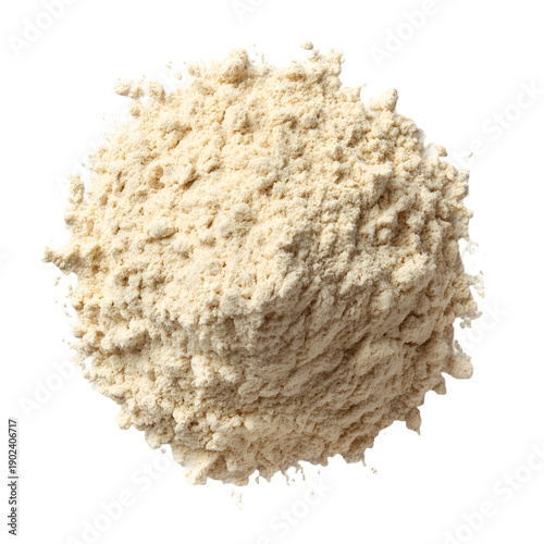 Close up of a pile of light beige powder on a white background