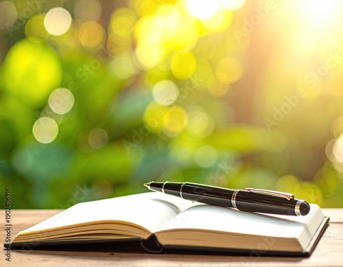 Open journal with pen rests on a wooden surface against a blurry background of green leaves and sunlight