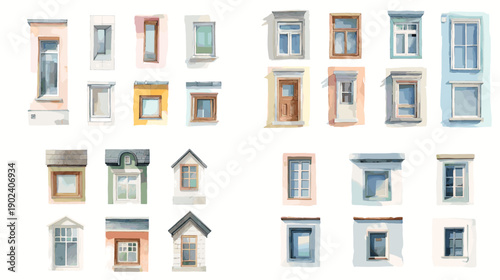 Illustrated collection of windows in various shapes styles and colors. Architectural window designs perfect for building elements construction concepts home design projects and user interface graphics