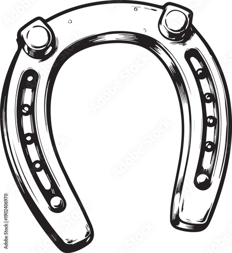 An antique horseshoe, illustrated in bold strokes, represents good fortune and is captured against an unseen backdrop.