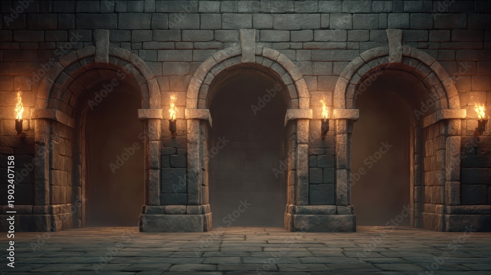 Obraz premium Dark Fantasy Cinematic Background with Arched Stone Walls and Flickering Torches