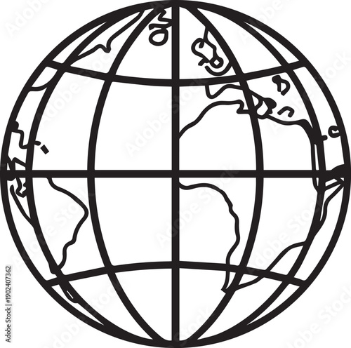 A detailed black and white illustration of the world globe, perfect for global concept projects.