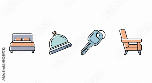 Hotel and home icons: bed, bell, key, armchair. Simple vector illustration.