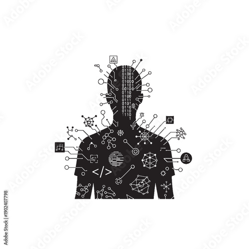 Person Surrounded by Data Symbols Silhouette – Digital Information, Technology, Data Concept