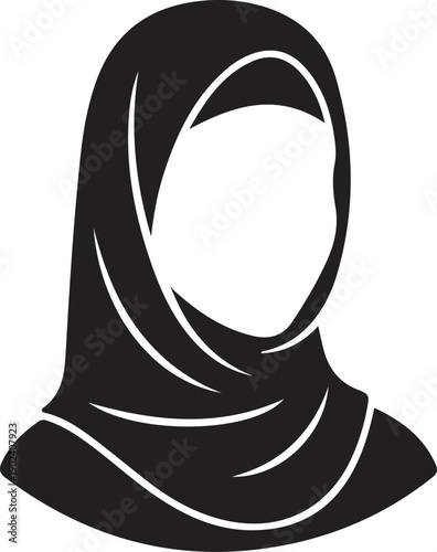 Muslim woman in hijab icon, black and white vector silhouette.