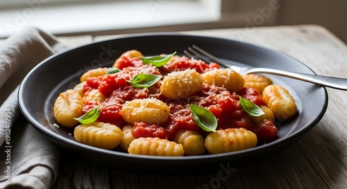 A plate of homemade gnocchi with rich tomato sauce and basil