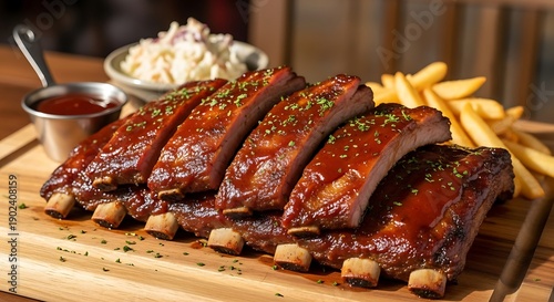 Delicious bbq ribs with coleslaw and fries on a wooden board