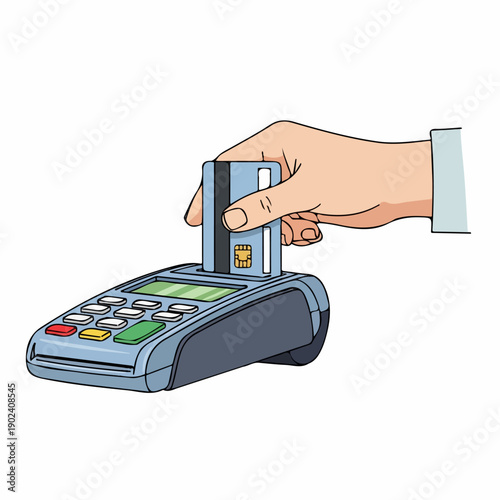 Hand inserting credit card into POS terminal for payment transaction.