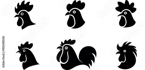 Set of funny animals and black and white including black silhouettes of a chicken, rooster,  in a cute vector cartoon illustration style for farm logo design